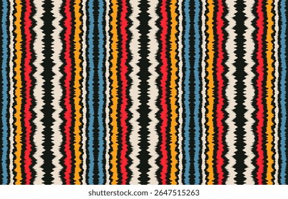 Ikat listras padrão de emenda. Estilo nórdico. Toalha de praia listrada. Ilustração geométrica abstrata, papel de parede. Textura de vetores étnicos tribais. Estilo asteca. Bordado popular. Escandinavo, tapete africano.