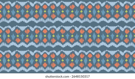 Ikat listras padrão de emenda. Estilo nórdico. Toalha de praia listrada. Ilustração geométrica abstrata, papel de parede. Textura de vetores étnicos tribais. Estilo asteca. Bordado popular. Escandinavo, tapete africano.