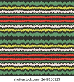 Ikat listras padrão de emenda. Estilo nórdico. Toalha de praia listrada. Ilustração geométrica abstrata, papel de parede. Textura de vetores étnicos tribais. Estilo asteca. Bordado popular. Escandinavo, tapete africano.