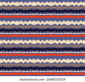 Ikat listras padrão de emenda. Estilo nórdico. Toalha de praia listrada. Ilustração geométrica abstrata, papel de parede. Textura de vetores étnicos tribais. Estilo asteca. Bordado popular. Escandinavo, tapete africano.