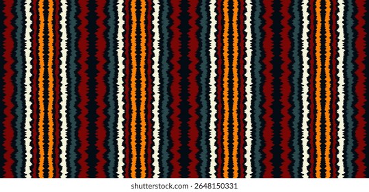 Ikat listras padrão de emenda. Estilo nórdico. Toalha de praia listrada. Ilustração geométrica abstrata, papel de parede. Textura de vetores étnicos tribais. Estilo asteca. Bordado popular. Escandinavo, tapete africano.