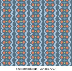 Ikat listras padrão de emenda. Estilo nórdico. Toalha de praia listrada. Ilustração geométrica abstrata, papel de parede. Textura de vetores étnicos tribais. Estilo asteca. Bordado popular. Escandinavo, tapete africano.