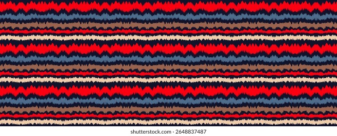 Ikat listras padrão de emenda. Estilo nórdico. Toalha de praia listrada. Ilustração geométrica abstrata, papel de parede. Textura de vetores étnicos tribais. Estilo asteca. Bordado popular. Escandinavo, tapete africano.