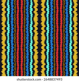 Ikat listras padrão de emenda. Estilo nórdico. Toalha de praia listrada. Ilustração geométrica abstrata, papel de parede. Textura de vetores étnicos tribais. Estilo asteca. Bordado popular. Escandinavo, tapete africano.