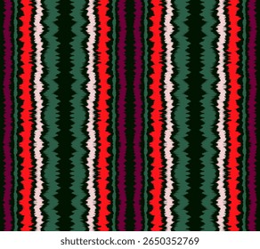 Ikat listras padrão de emenda. Estilo nórdico. Toalha de praia listrada. Ilustração geométrica abstrata, papel de parede. Textura de vetores étnicos tribais. Estilo asteca. Bordado popular. Escandinavo, tapete africano.