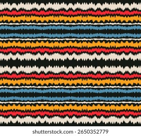 Ikat listras padrão de emenda. Estilo nórdico. Toalha de praia listrada. Ilustração geométrica abstrata, papel de parede. Textura de vetores étnicos tribais. Estilo asteca. Bordado popular. Escandinavo, tapete africano.