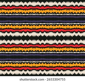 Ikat listras padrão de emenda. Estilo nórdico. Toalha de praia listrada. Ilustração geométrica abstrata, papel de parede. Textura de vetores étnicos tribais. Estilo asteca. Bordado popular. Escandinavo, tapete africano.