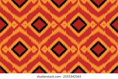 Ikat style ethnic art vector illustration, geometric pattern in red, yellow and black tones for backgrounds, designs, textiles, fashion, decorations, rugs, pillowcases.