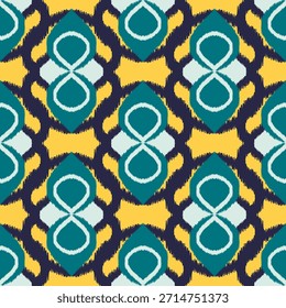 Estilo Ikat en diseño de forma geométrica fondo amarillo color vibrante. Ikat Vector de patrón sin costuras perfecto para textiles, moda, cosas de decoraciones, taza.