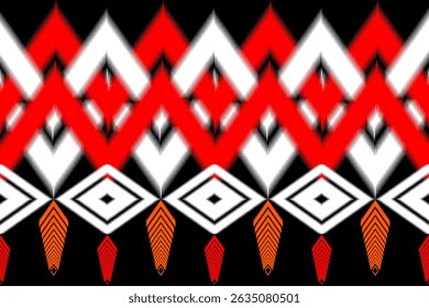 “Traditional Ikat textile pattern in black and red tones. Seamless ethnic fabric design, perfect for background, fashion, or interior decor. Authentic Southeast Asian craftsmanship and cultural style.