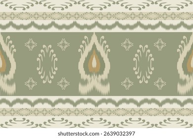 Ikat textile pattern in sage green and cream tones. Ethnic boho fabric, seamless design, decorative vintage tribal ornament for print and home decor.
