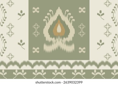 Ikat textile pattern in sage green and cream tones. Ethnic boho fabric, seamless design, decorative vintage tribal ornament for print and home decor.
