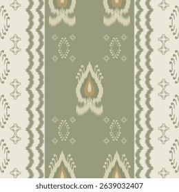 Ikat textile pattern in sage green and cream tones. Ethnic boho fabric, seamless design, decorative vintage tribal ornament for print and home decor.
