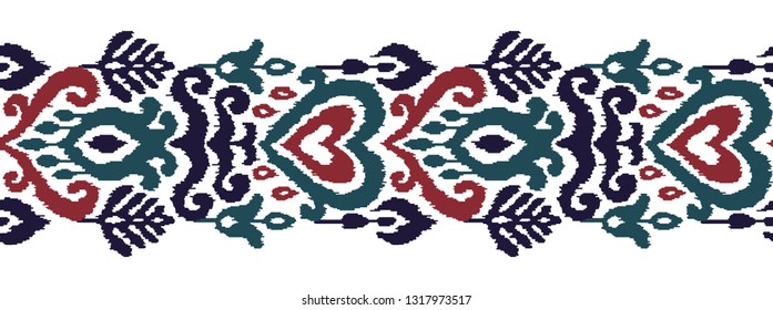 Ikat textile stylized seamless stripe pattern. Eastern embroidery tile. Indian Scandinavian Mexican Pakistan woven ornament.