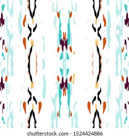 Ikat, Tie Dye. Batik, Hand Drawn Seamless Pattern. Ethnic Texture. Hand Drawn Painted. Mint Orange Ethnic Tribal Vintage Woven.  Geometrical Watercolor Tie dye Element.