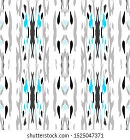 Ikat, Tie Dye. Batik, Hand Drawn Seamless Pattern. Ethnic Texture. Hand Drawn Painted. Blue Gray Modern Summer Folklore Rug.  Geometric Woven Tie dye Surface.