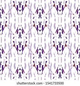 Ikat, Tie Dye. Batik, Hand Drawn Seamless Pattern. Ethnic Texture. Hand Drawn Painted. Lilac Violet Geo Traditional Tribal Carpet.  Geometry Ornamental Shibori Print.