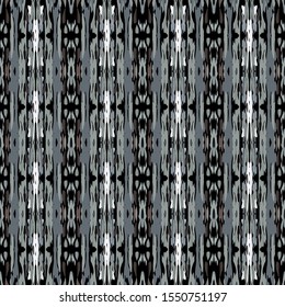 Ikat, Tie Dye. Batik, Hand Drawn Ornament. Geo Surface. Endless Repeat Painting.  Black Gray Ethnic Summer Geo Bed Linen.  Geometric Natural Tie dye Ornament.