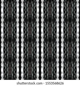 Ikat, Tie Dye. Batik, Hand Drawn Seamless Pattern. Ethnic Texture. Hand Drawn Painted. Black Gray Old Modern Summer Woven.  Geometrical Organic Shibori Texture.