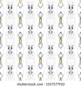 Ikat, Tie Dye. Batik, Hand Drawn Seamless Pattern. Ethnic Texture. Hand Drawn Painted. Gray Yellow Ancient Vintage Ethnic Fabric.  Medallion Geometric Ikat Mosaic.