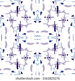 Ikat, Tie Dye. Batik, Hand Drawn Seamless Pattern. Ethnic Texture. Hand Drawn Painted. Blue Cyan Ethnic Ancient Modern Bed Linen.  Medallion Geometrical Ikat Mosaic.