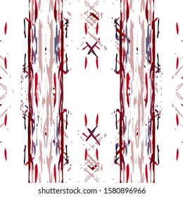 Ikat, Tie Dye. Batik, Hand Drawn Seamless Pattern. Ethnic Texture. Hand Drawn Painted. Red Maroon Ethnic Summer Traditional Carpet.  Organic Woven Shibori Texture.