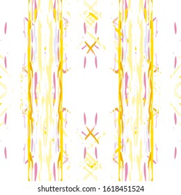 Ikat, Tie Dye. Batik, Hand Drawn Ornament. Geo Surface. Endless Repeat Painting.  Sepia Yellow Old Geo Modern Wallpaper  Woven Geometric Tie dye Surface.