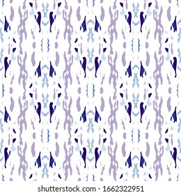 Ikat, Tye. Batik, Ornamento Dibujado A Mano.Superficie geográfica. Pintado Repita Infinito.  Bordados de verano de la etnia cian azul.  Patrón de tinte de tela de color agua.