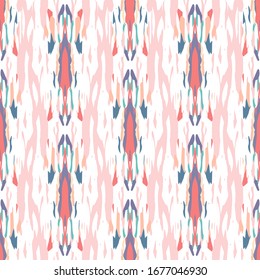 Ikat, Tie Dye. Batik, Hand Drawn Seamless Pattern. Ethnic Texture. Hand Drawn Painted. Rose Gray Old Summer Ethnic Carpet.  Organic Natural Tie dye Surface.