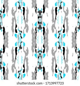Ikat, Tie Dye. Batik, handgezeichnet Nahtloses Muster.Ethnische Textur. Handgezeichnet gestrichen. Blue Gray Vintage Modernes altes Linen.  Grafische organische Shibori-Kunst.