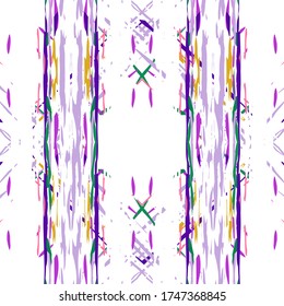 Ikat, Tie Dye. Batik, Hand Drawn Seamless Pattern. Ethnic Texture. Hand Drawn Painted. Lilac Geometrical Natural Shibori Design.