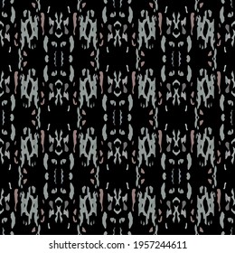 Ikat, Tie Dye. Batik, Hand Drawn Seamless Pattern. Ethnic Texture. Hand Drawn Painted. Black Gray Folk Modern Traditional Woven.  Natural Ornamental Tie dye Ornament.