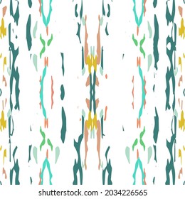 Ikat, Tie Dye. Batik, Hand Drawn Seamless Pattern. Ethnic Texture. Hand Drawn Painted. Green Yellow Native Folk Ancient Linen.  Woven Natural Shibori Design.