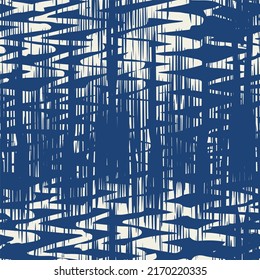 Ikat Tie Dye Seamless Pattern. Diseño japonés de color azul índigo y beige contemporáneo acuático. Fondo de Minimalismo de Shibory Rhombus. Imitación de bordado monocromo étnico. Impresión de arte geométrico de tinta.