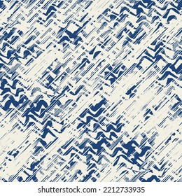 Ikat Tie Dye Seamless Pattern. Ink Geometric Art Print. Ethnic Monochrome Embroidery Imitation. Indigo Blue and Beige Contemporary Watercolor Japan Design. Shibory Rhombus Minimalism Background.