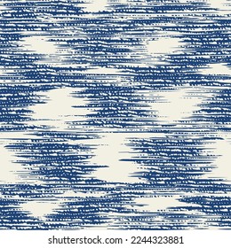 Ikat Tie Dye Seamless Pattern. Ethnic Monochrome Embroidery Imitation. Ink Geometric Art Print. Contemporary Watercolor Japan Design. Indigo Blue and Beige Shibory Rhombus Minimalism Background.