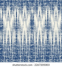 Ikat Tie Dye Seamless Pattern. Imitación de bordado monocromo étnico. Fondo de Minimalismo de Shibory Rhombus. Diseño de acuarela contemporánea en Japón. Impresión del arte geométrico del índigo azul y la tinta beige.