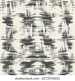 Ikat Tie Dye Seamless Pattern. White and Black Ink Geometric Art Print. Shibory Rhombus Minimalism Background. Ethnic Monochrome Embroidery Imitation. Contemporary Watercolor Japan Design.