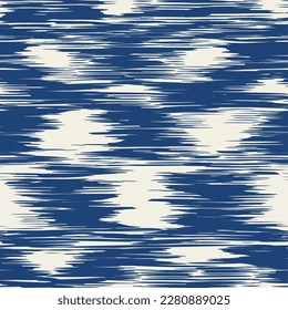 Ikat Tie Dye Seamless Pattern. Fondo de Minimalismo de Shibory Rhombus. Diseño de acuarela contemporánea en Japón. Imitación de bordado monocromo étnico. Impresión de arte geométrico de tinta. Azul índigo y beige