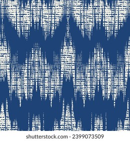 Ikat Tie Dye Seamless Pattern. Ink Geometric Art Print. Contemporary Watercolor Japan Design. Shibory Rhombus Minimalism Background. Ethnic Monochrome Embroidery Imitation. Indigo Blue and Beige