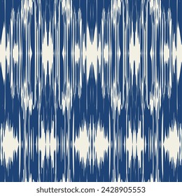 Ikat Tie Dye Seamless Pattern. Ink Geometric Art Print. Shibory Rhombus Minimalism Background. Contemporary Watercolor Japan Design. Indigo Blue and Beige Ethnic Monochrome Embroidery Imitation.