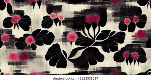 ikat tribal boho tie die colors flower seamless wallpaper. Motif ethnic handmade beautiful Ikat art. Ethnic abstract floral pink background art. 