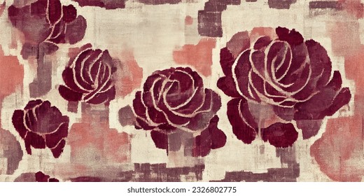 ikat tribal boho tie die colors flower seamless wallpaper. Motif ethnic handmade beautiful Ikat art. Ethnic abstract floral pink background art. 