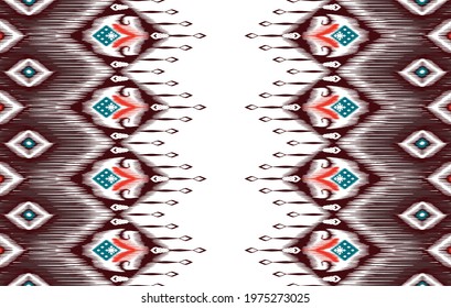 Ikat tribal Indian seamless pattern design. Aztec fabric carpet mandala ornament native boho chevron textile decoration. Geometric African American vector illustrations background.