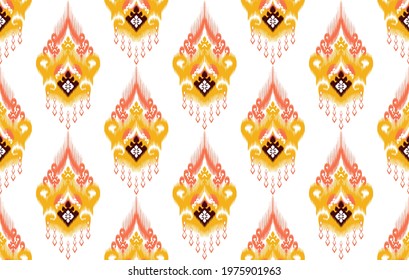 Ikat tribal Indian seamless pattern design. Aztec fabric carpet mandala ornament native boho chevron textile decoration wallpaper. African American geometric vector illustrations background.