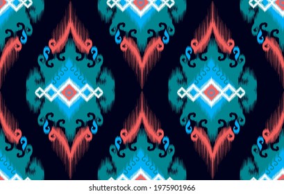 Ikat tribal Indian seamless pattern design. Aztec fabric carpet mandala ornament native boho chevron textile decoration. Geometric African American style vector illustrations background 