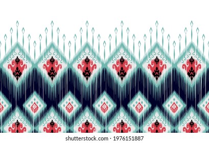 Ikat tribal Indian seamless pattern design. Aztec fabric carpet mandala ornament native boho chevron textile decoration wallpaper. Geometric African American vector illustrations background 