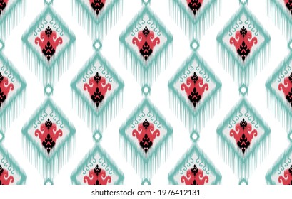 Ikat tribal Indian seamless pattern design. Aztec fabric carpet mandala ornament native boho chevron textile decoration wallpaper. Geometric African American vector illustrations background 