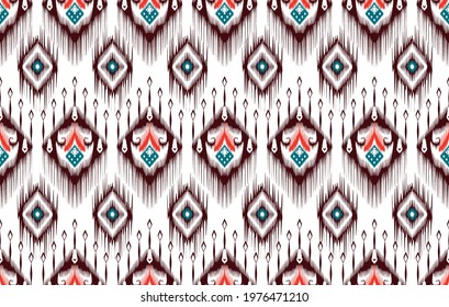 Ikat tribal Indian seamless pattern design. Aztec fabric carpet mandala ornament native boho chevron textile decoration. Geometric African American style vector illustrations background 