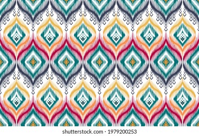 Ikat tribal Indian seamless pattern design. Ethnic Aztec fabric carpet mandala ornament native boho chevron textile patterns decoration. Geometric African American vector illustrations pattern.
